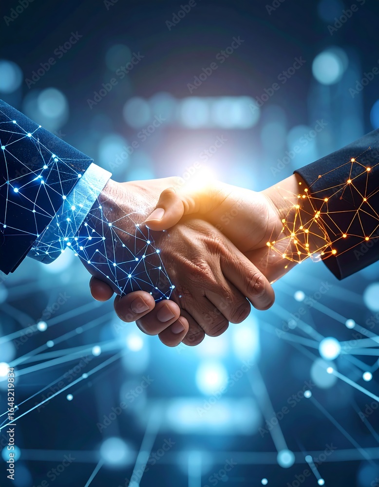 Poster handshake with futuristic digital network patterns symbolizing technology partnership.