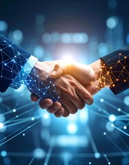 Handshake with futuristic digital network patterns symbolizing technology partnership.