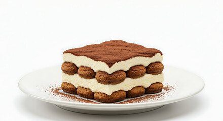 Classic tiramisu slice with cocoa dusting served on white plate, isolated on pure white background, elegant presentation, gourmet Italian dessert, high-quality food photography for menus and advertisi