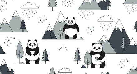 Charming panda bears and snowy mountains in a whimsical forest landscape