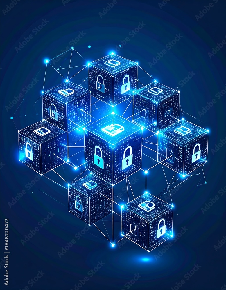 Poster secure blockchain network with interconnected blocks, each featuring a lock icon, symbolizing data p