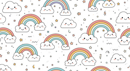Naklejka premium Cute kawaii rainbows and smiling clouds with stars and sparkles pattern