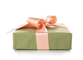 Green gift box with pink bow on white background. International Women's Day