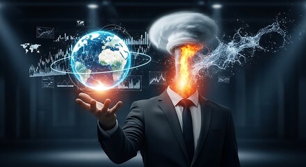 Visionary leader holding glowing earth with dynamic data streams symbolizing global growth and innovation