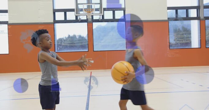 Two boys initiating underhand passing in gym, practicing sports training with animated data shapes