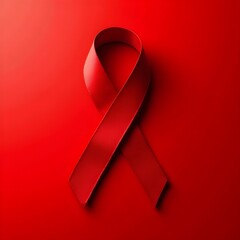 A red ribbon is displayed against a red background. The ribbon is a symbol of AIDS and HIV awareness.