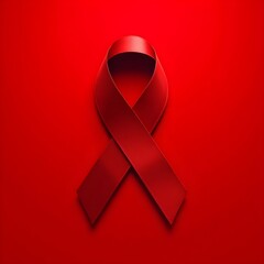 A red ribbon is displayed against a red background. The ribbon is a symbol of AIDS and HIV awareness.