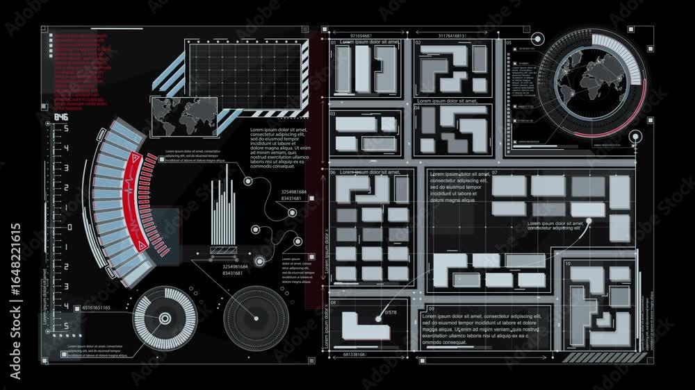 Poster abstract digital interface design with animated elements. the screen displays a variety of graphical
