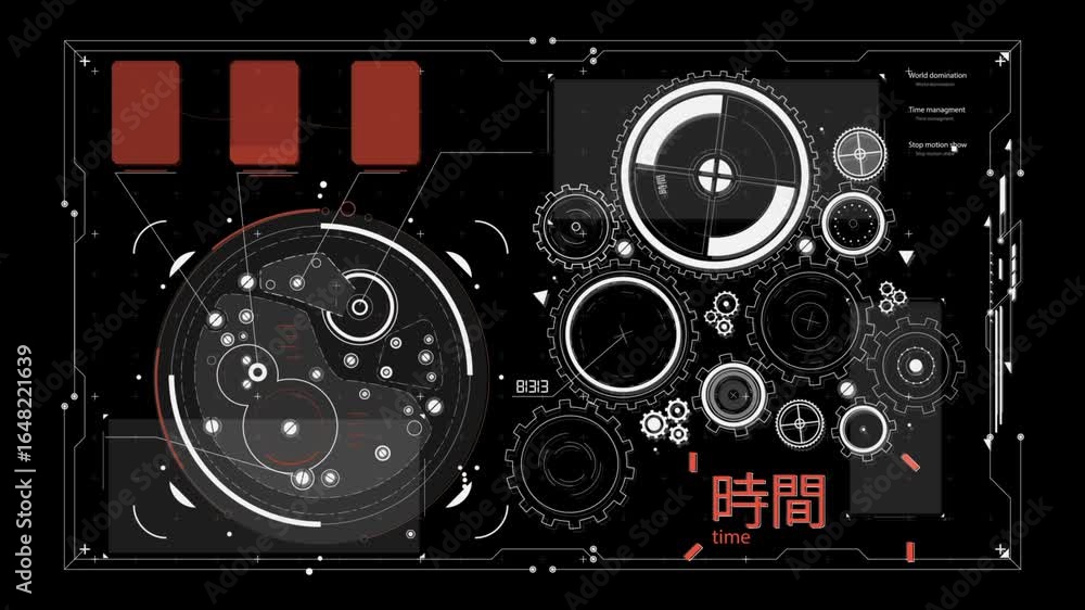 Poster a digital clock with moving gears and the word time in english and chinese characters is displayed o