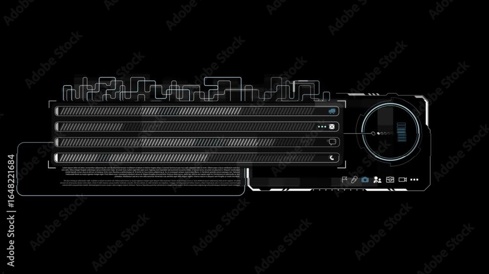 Poster a digital interface with a futuristic design features several horizontal progress bars and a circula