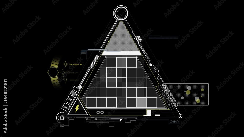 Poster an animated white triangle with two squares moving inside it on a black background