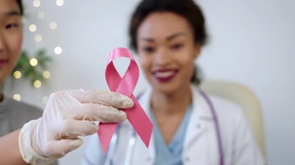 World AIDS Day Patient's hand in a glove holding a pink ribbon, a symbol of breast cancer awareness, with a smiling female doctor in the background. - Powered by Adobe