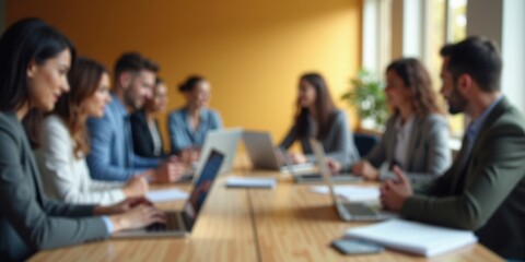 Fototapeta premium blurred photo of business people sitting around the table in an office, captured from behind and in focus, symbolizing collaboration within company or between different quaint style icons.