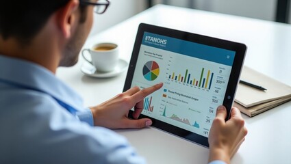 Professional using tablet with financial charts and educational content at modern workspace desk with coffee and notebook, e-learning concept