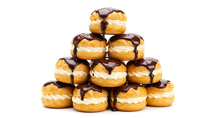 Profiteroles stacked and drizzled with chocolate sauce, isolated on pure white background, sophisticated gourmet dessert for high-end restaurant menus and food advertising.
