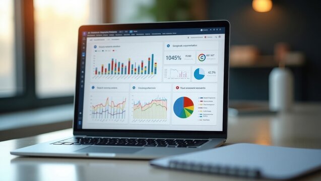 Professional social media marketing dashboard on laptop showing Google ads metrics, AI analytics, colorful charts in modern office setup with clean minimalist design
