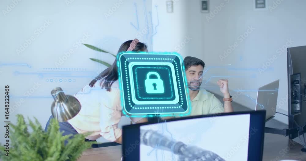 Poster Tech man scrolling laptop activating padlock icon while IT woman pointing collaborating security