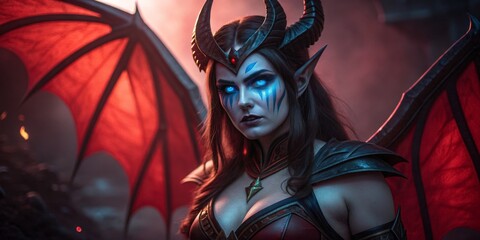 Enchanting fantasy warrior stands poised amidst glowing red and smoky darkness