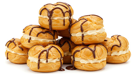 Profiteroles stacked and drizzled with chocolate sauce, isolated on pure white background, sophisticated gourmet dessert for high-end restaurant menus and food advertising.
