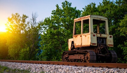 Old tractor in a field at sunset