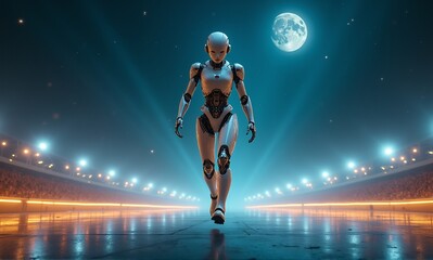 Obraz premium A sleek humanoid robot walks confidently across a reflective futuristic arena at night, illuminated by stadium lights and a bright full moon.