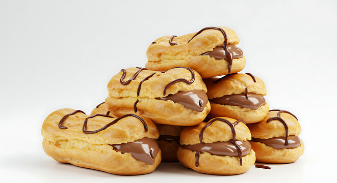 Profiteroles stacked and drizzled with chocolate sauce, isolated on pure white background, sophisticated gourmet dessert for high-end restaurant menus and food advertising.
