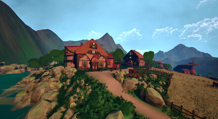 谷底の村　赤い屋根と青い空 © タラコおにぎり