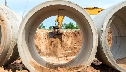 Construction site with concrete pipes and excavator