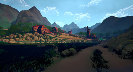 谷底の村　赤屋根の谷間 © タラコおにぎり