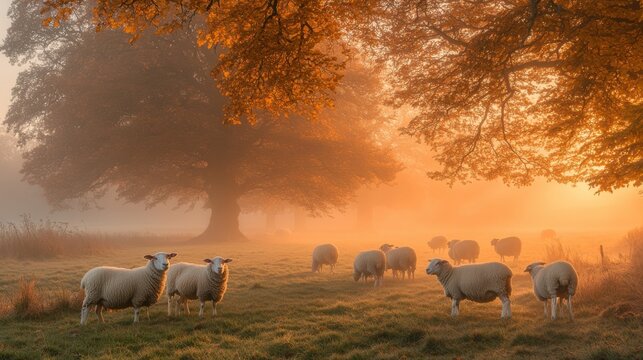 Sheep in Field with Fog and Autumn Trees