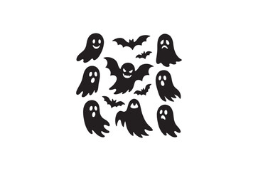 Halloween Silhouette Set – Ghosts, Bats, Pumpkins, Witch Hat and Broomstick Vector Illustration