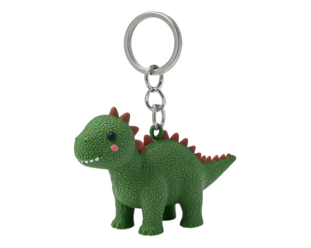 Cute green dinosaur keychain with blushing cheeks, textured surface, red spikes, and silver metal ring, perfect for bags or keys, playful and cheerful accessory