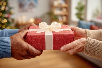 Two seniors exchanging gifts near christmas tree, sharing a moment of love and affection during christmas holidays