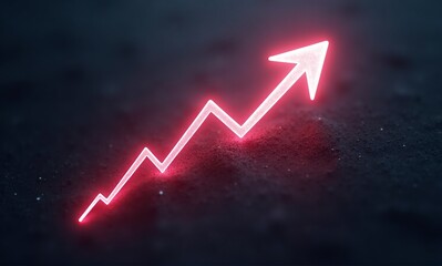 A vibrant red neon arrow ascends sharply on a dark, textured background, symbolizing significant growth and upward trend.