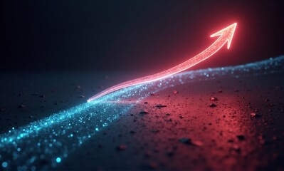 A vibrant red glowing arrow ascends diagonally from a path of shimmering blue light, symbolizing growth and progress.