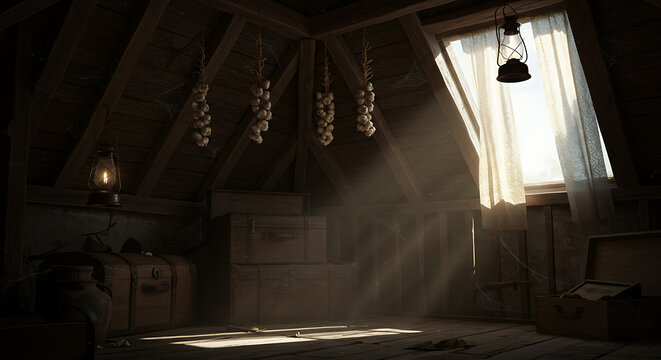 Sunlight streams into a dusty attic room, illuminating hanging garlic bulbs, old boxes, and a vintage lantern near a window.