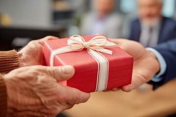 Businessman presenting a red gift box adorned with a white ribbon to a senior man in an office, celebrating a special occasion with kindness