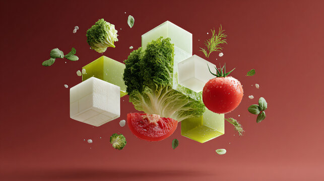 Floating Fresh Vegetables and Cubes in Red Scene