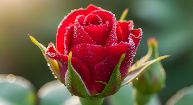 Red Rosebud with Dew Drops Macro Photography