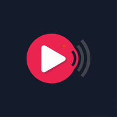 vector of a red circle with a white play button and radiating sound waves, symbolizing live streaming, audio, video, podcast, or media playback.