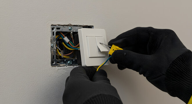Electrician's gloved hands wiring a light switch during home electrical installation or repair - Powered by Adobe