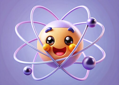 Cute cartoon atom character with happy expression and orbiting electrons