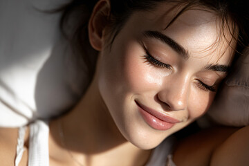 Obraz premium Smiling Girl Portrait Natural Light Serenity Calm Happiness Skincare Wellness Beauty Relaxation Softness Youthful Elegance Sunlight Joyful Expression Comfort Peace Sleep Skin Simplicity Adorable