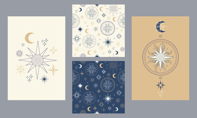 Set of celestial posters and seamless patterns moon and sun vector