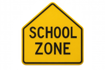 Vibrant yellow pentagonal school zone traffic sign signaling caution and reduced speed in school areas, isolated on a transparent background