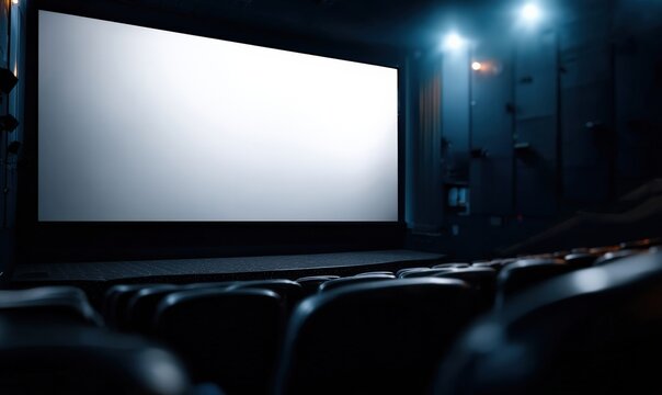 Illuminating seats and stage, large blank white projection screen fills the empty cinema, creating a sense of anticipation in the dim auditorium