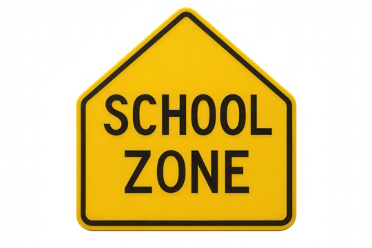 Vibrant yellow pentagonal school zone traffic sign signaling caution and reduced speed in school areas, isolated on a transparent background