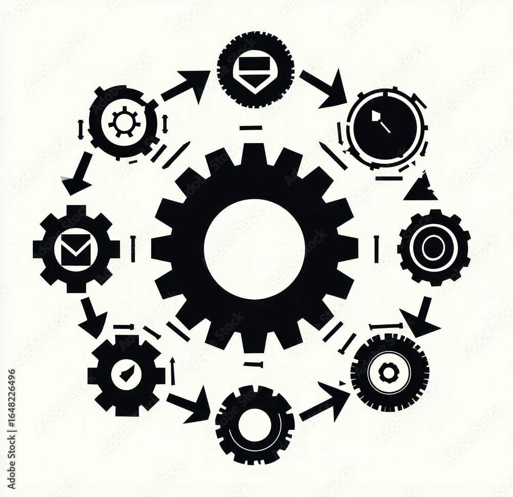 Poster black and white illustration of interconnected gears with icons representing communication, time, ch