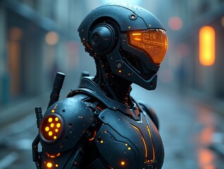 A futuristic warrior with cybernetic enhancements, glowing robotic armor, and a visor displaying complex data