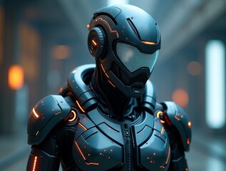A futuristic warrior with cybernetic enhancements, glowing robotic armor, and a visor displaying complex data